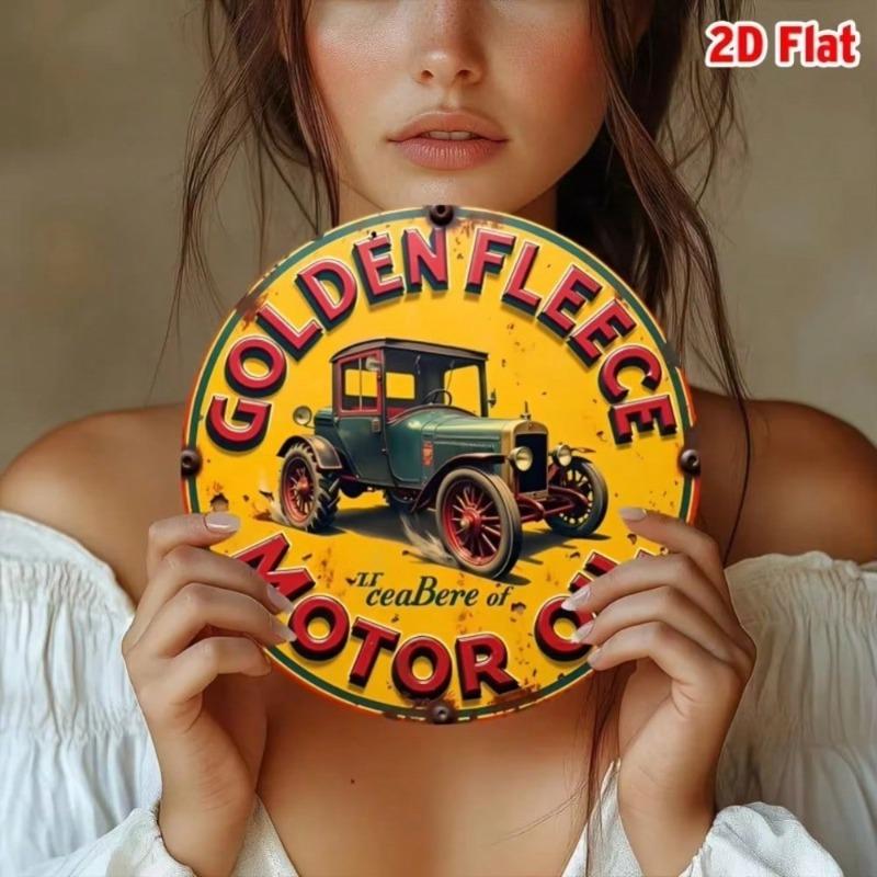 Vintage Golden Fleece Motor Oil Tin Sign Round Retro Metal Wall Art Decor