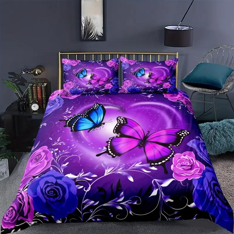 

Butterfly Duvet Cover Set Twin King Romantic Rose Flower Bedding Set 3pcs for Boys Girls Room Botanical Floral Comforter Cover EU Single(135x200cm)
