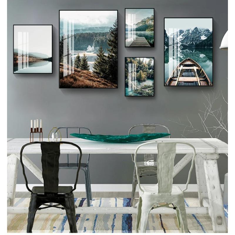 Scandinavian Nature Landscape Wall Art Poster Mountain Lake Boat Print Nordic Painting Decorative Picture Modern Home Decorati