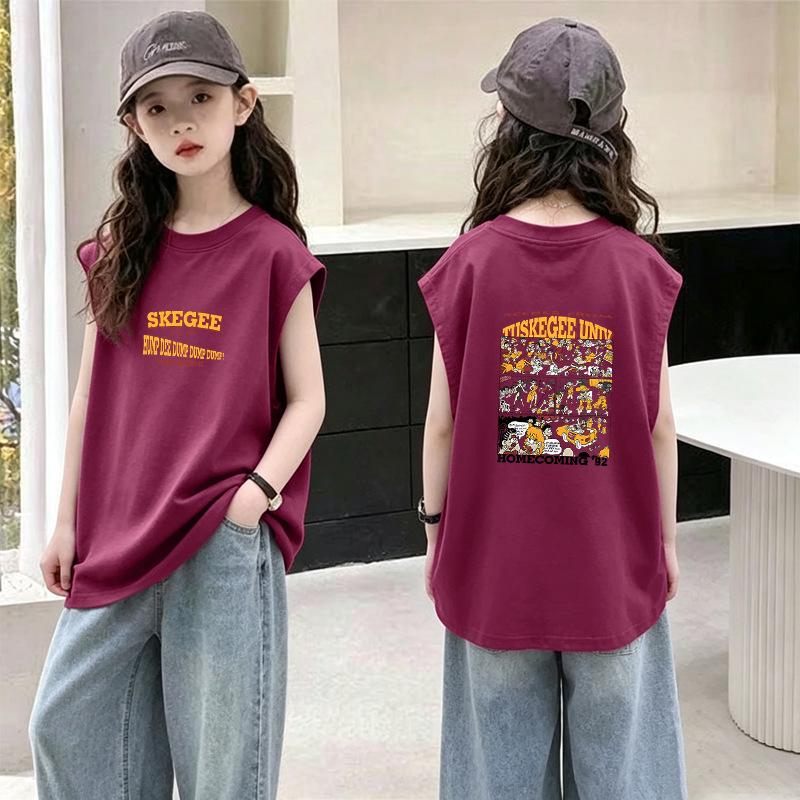 Korean-Style Girls' Cotton Sleeveless Top (Ages 6-12) - Versatile, Loose Fit, Round Neck