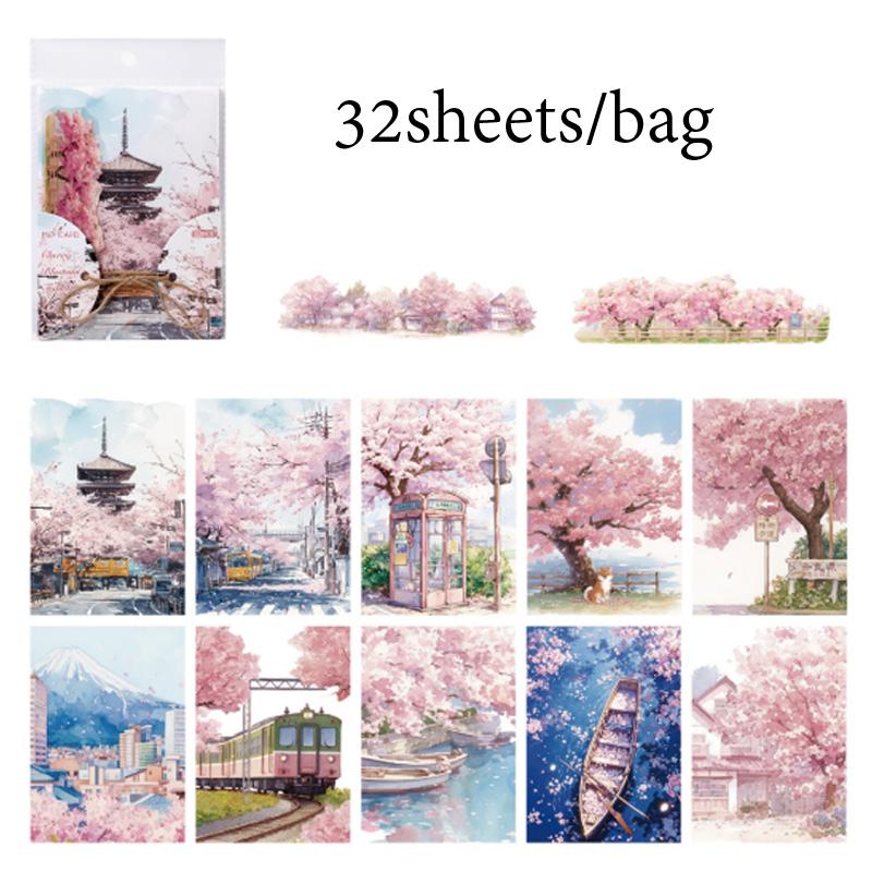

32 аркуші/пакет Матеріал Папір Подорожі Пейзаж Весна Сакура Скрапбук Канцелярія DIY & Декор для блокнота-планера для журналу