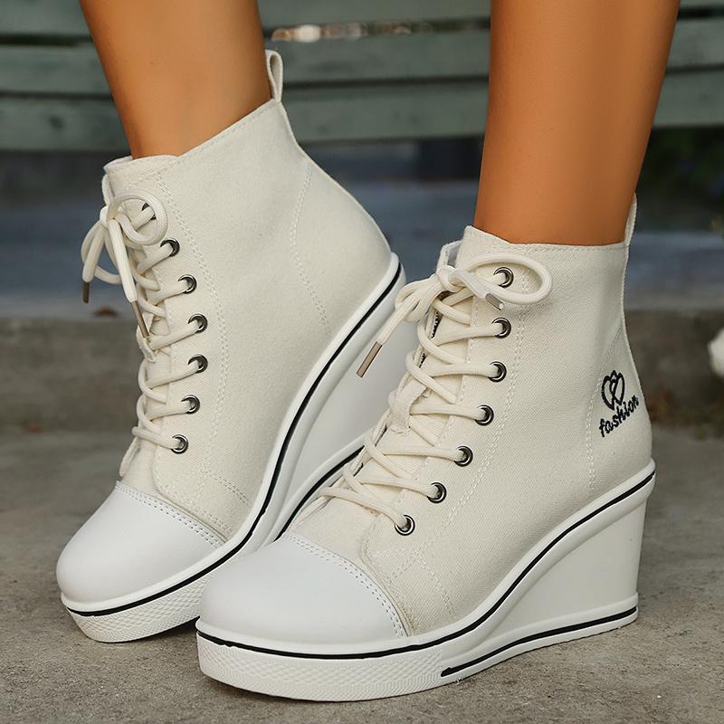 Breathable High Top Canvas Sneakers for Women Fashion Wedge Heel Platform Sports Shoes Woman Lightweight Lace Up Casual Sneakers