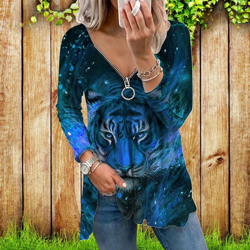 

Женские осенние цветочные футболки с длинным рукавом с тигровым принтом, свободные футболки с V-образным вырезом больших размеров, топы, удобная блузка