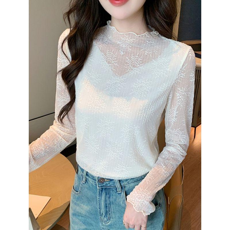 K-style Fashion Commuter Ol Stand Collar & White Sneaky Design See-through Slim-Fit Easiest for Match Long Sleeves T-shirt Lace Bottoming Shirt Spring