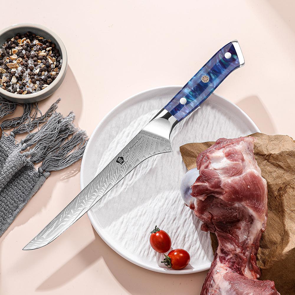 WILDMOK 7 Inch Kitchen Fillet Knife 67 Layers Damascus Steel Boning Knife with Blue Resin Handle