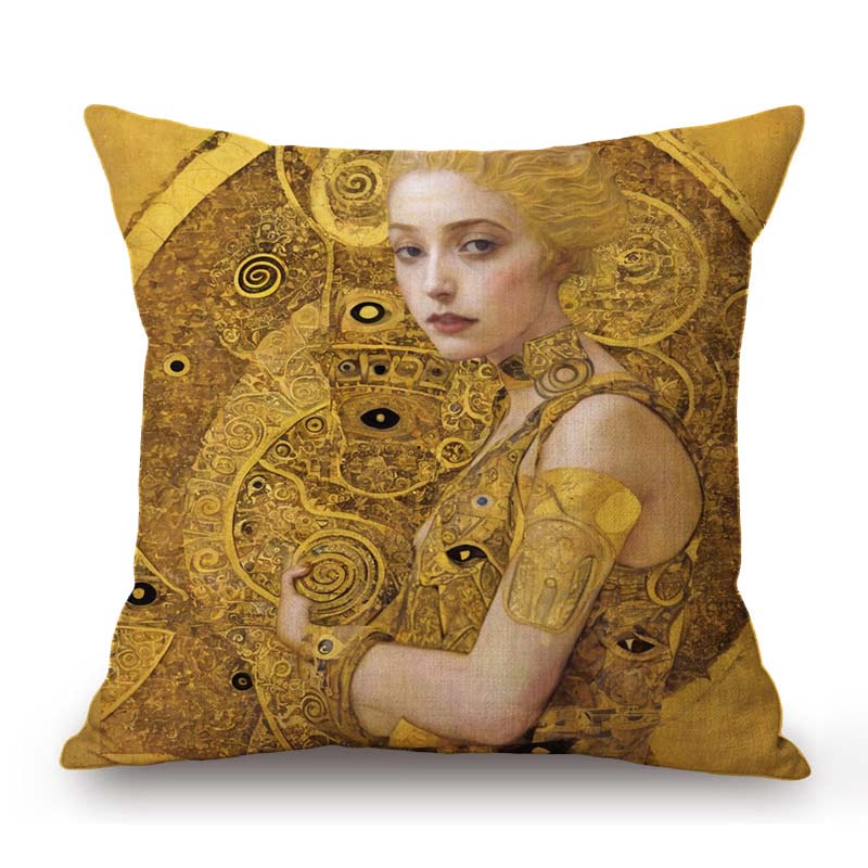Gold Yellow Klimt Style Elegant Lady Girl Nouveau Art Home Decoration Sofa Throw Pillow Case Cotton Linen Bench Cushion Cover