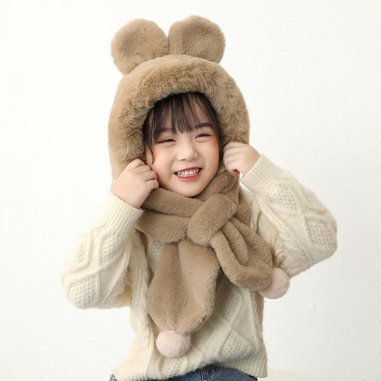 Children Hat with Bear Ear Decoration Solid Color Thickened Plush Warm Hat Scarf Set Kids Cold Weather Hat