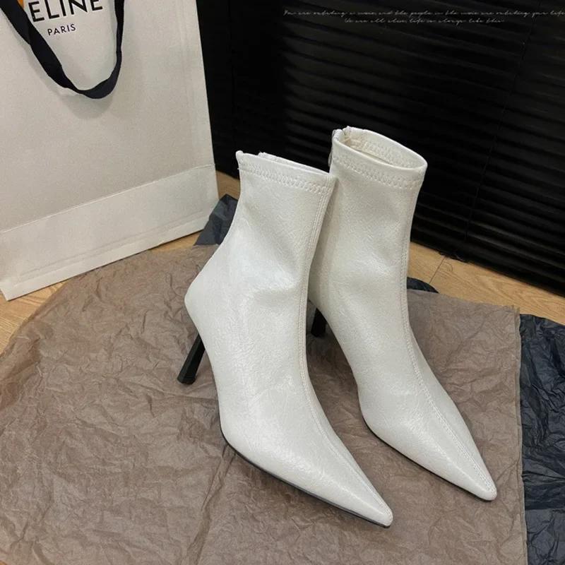 Dámské úzké kotníkové boty s špičatou špičkou, módní boty se zadním zipem, podzimní zimní tenký vysoký podpatek, dámské moderní krátké kotníkové boty