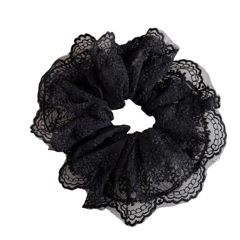 French Black White Lace Embroidery Flower Large Intestine Hair Band Ball Head Hair Rope Head Flower High Quality Hairaccessories