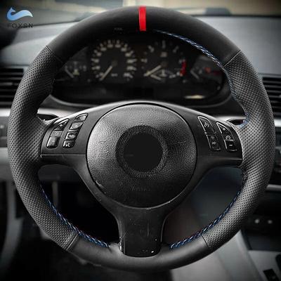 For BMW M Sport 3 5 Series E46 E39 M3 M5 Hand Braid Car Steering Wheel Cover Black Perforated Leather Red Blue Line Red Strip