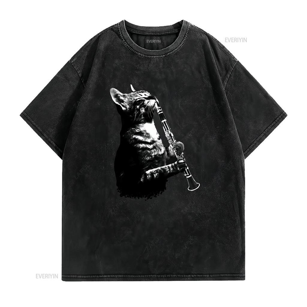 Cat Playing ClarineT T Shirt and Music Lover Clarinettist Birthday Musician Woodwind Instrument Idea vintage Washed homme