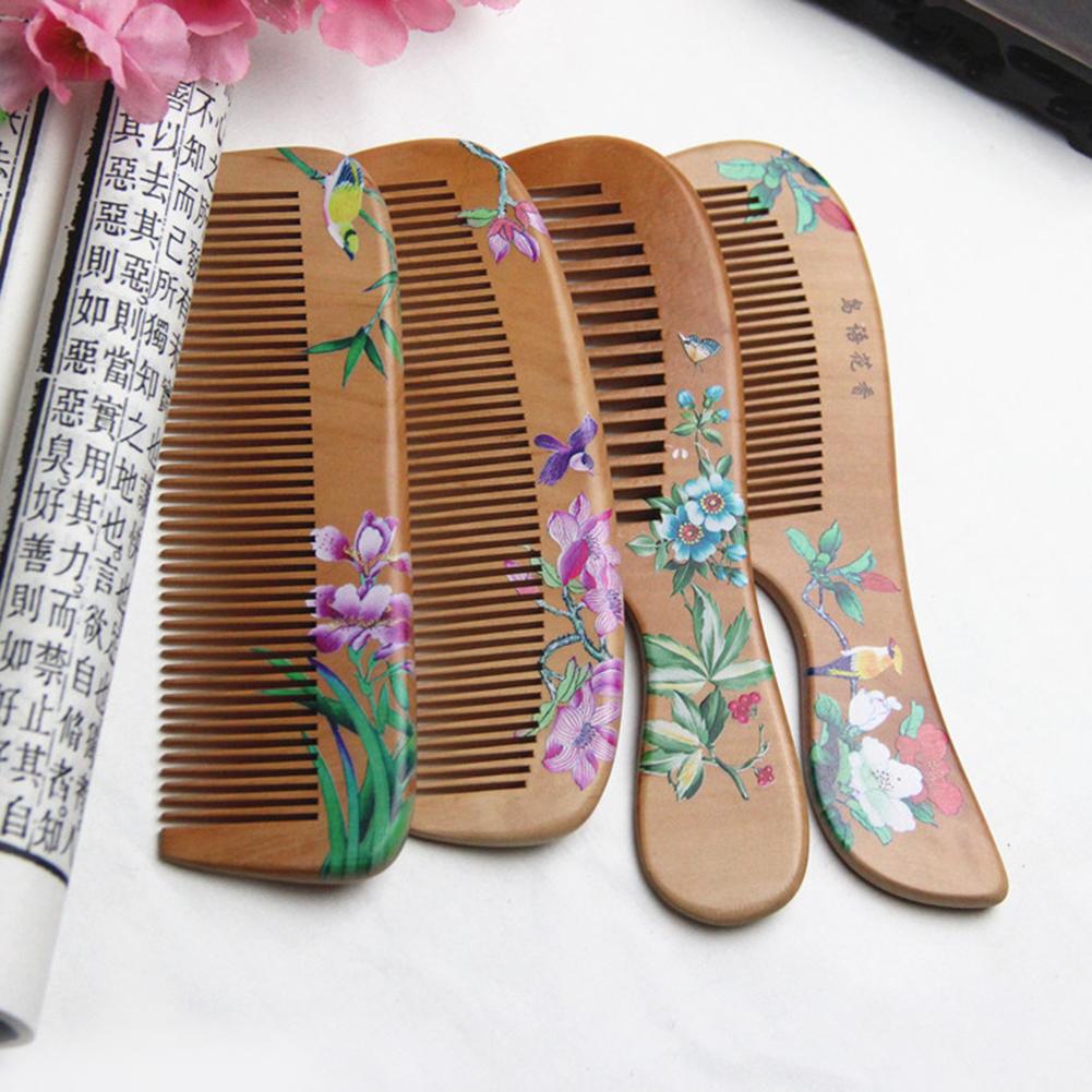 Painted Flower Peach Wood Healthy Scalp Massage Anti-Static Comb Hair Care Tool