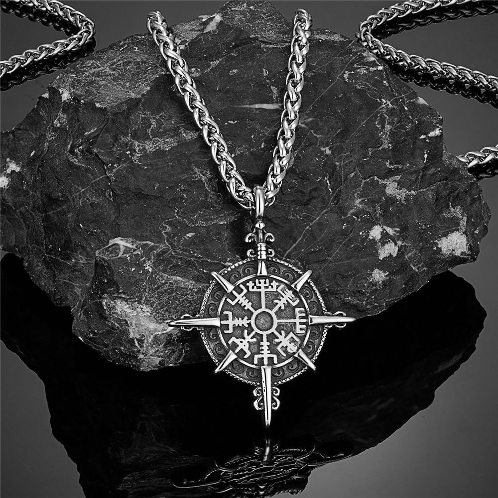 Retro Gold Vikings Compass Necklace Men Stainless Steel Norse Rune Amulet Pendant Vegvisir Jewelry