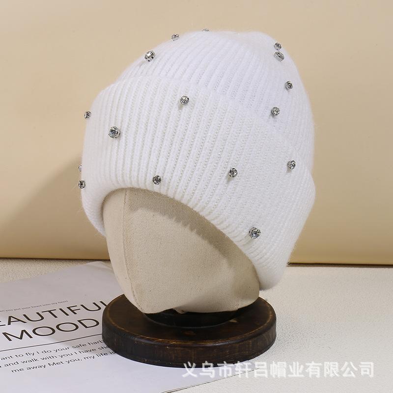 Autumn and winter casual versatile rhinestone rabbit fur wool hat women's fashion heavy industry cold hat warm windproof cover knitted hat