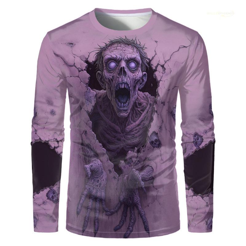 Horror Zombie Print Long Sleeve T-Shirt, Perfect for Halloween.