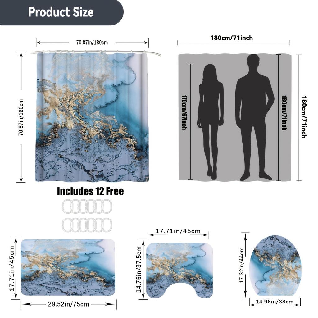 4-Pack Marble Shower Curtain, 3D Fabric Bathroom Curtain With Hooks, Flannel Toilet Seat, Non-Slip Rug