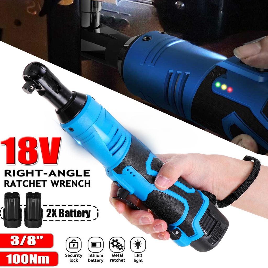 Blue 100N.m Electric Wrench Cordless Ratchet Rechargeable Scaffolding Right Angle Wrench with  2 Battery Charger Power Tool 18V 3/8Inches