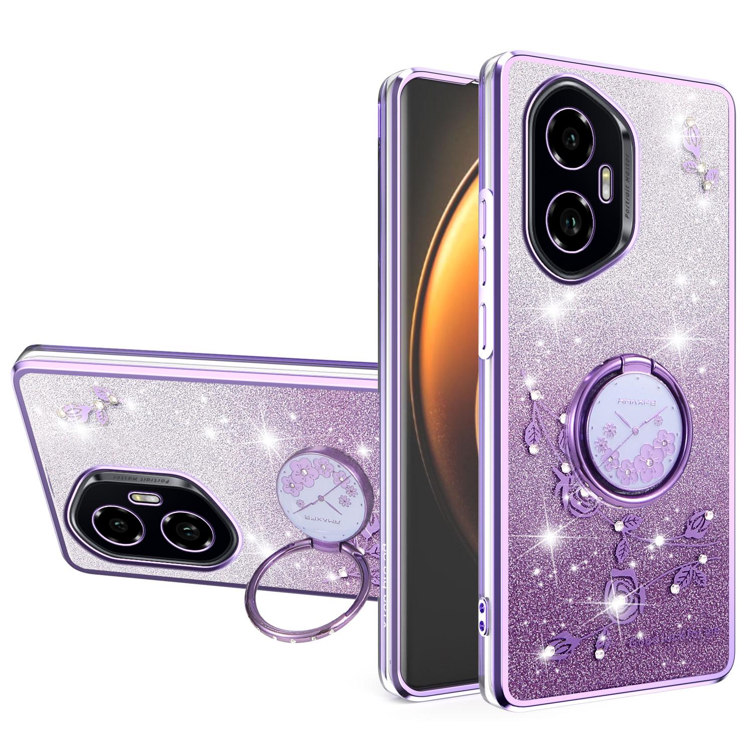 

For Honor 300 Case Ring Kickstand TPU Flowers Phone Cover Gradient Glitter Purple