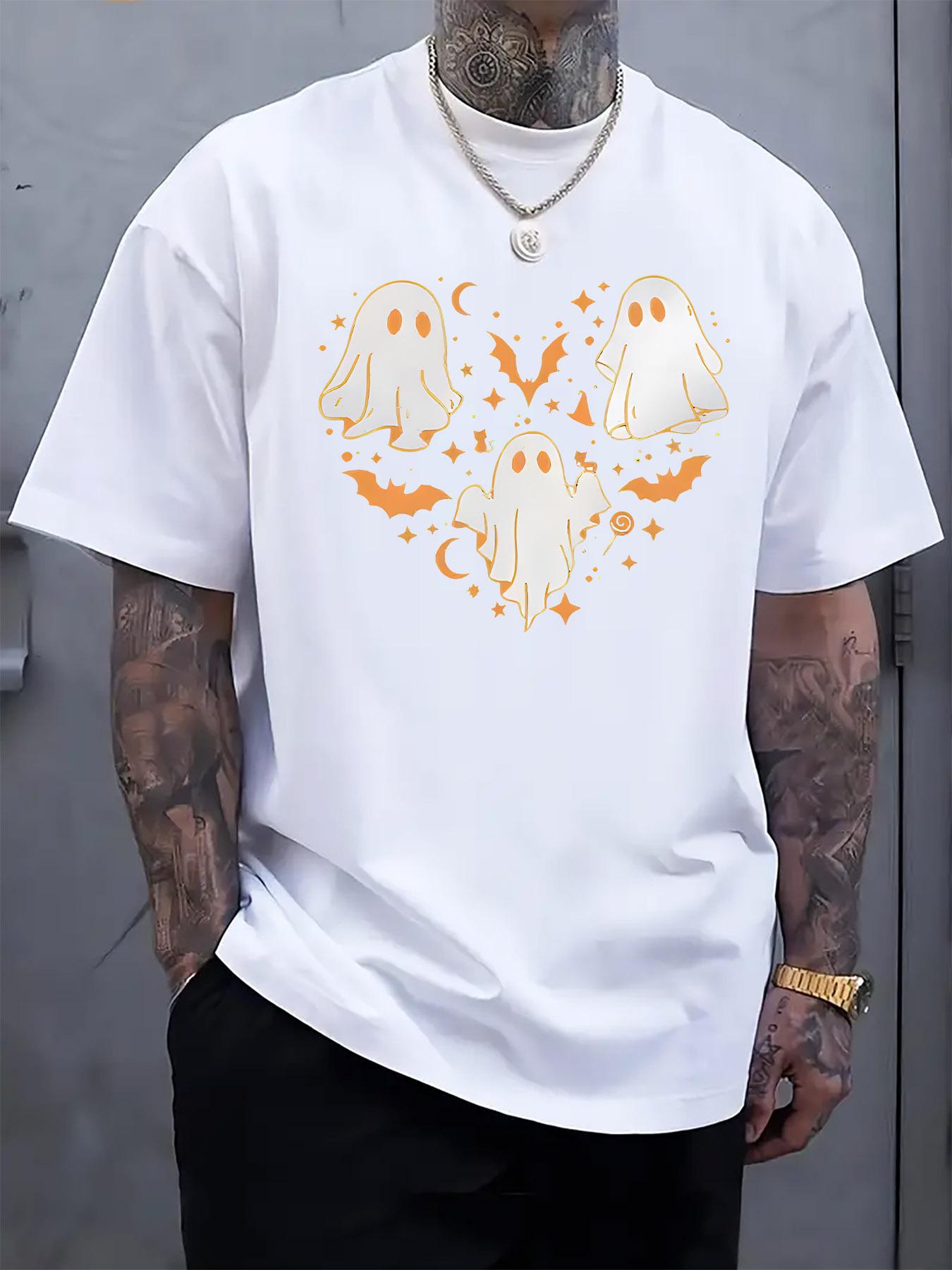 Halloween Print Crew Neck T-shirt - Black Casual Short Sleeve Tee with Playful & Bat Design S