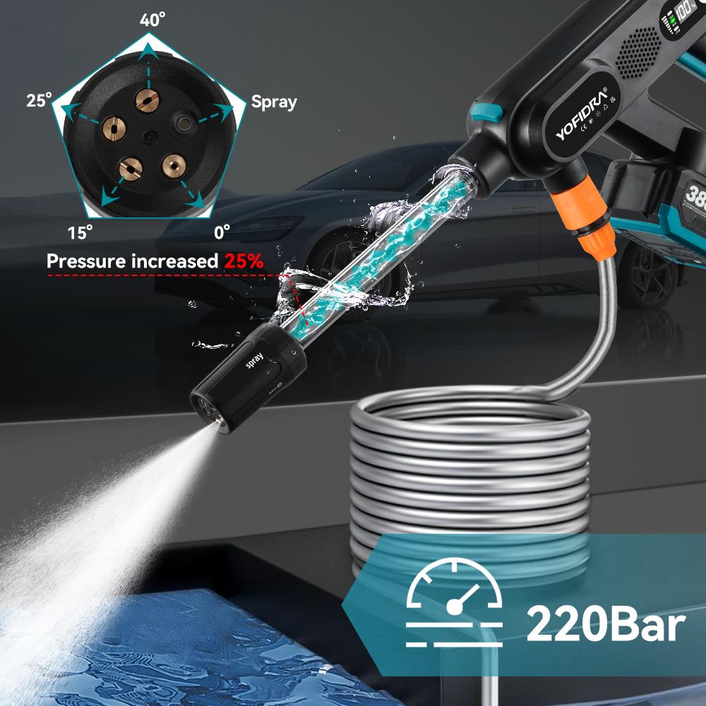 Yofidra 220bar bezkartáčová vysokotlaká mycí pistole na auta 3-stupňová elektrická zahradní mycí stříkací pistole elektrické nářadí pro 18V baterii Makita