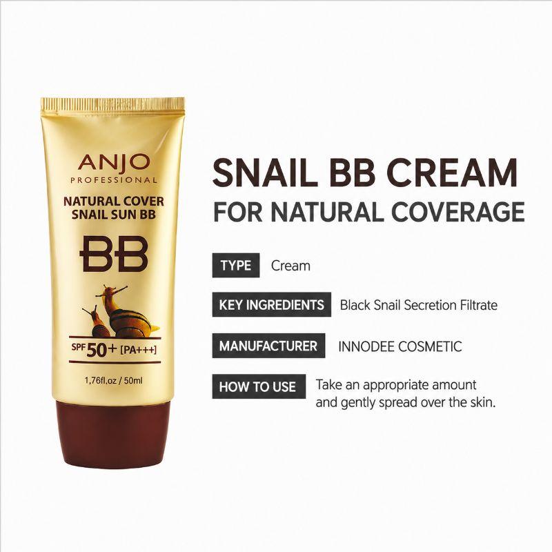 ANJO Natural Cover Snail Sun BB Cream SPF50+ PA+++ 50g – High Coverage Tone-Up BB Cream with UV Protection