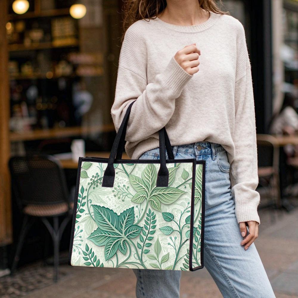 Green Leaves Pattern Casual Tote Bag Portable Daily Use Shopping Shoulder Handbag for Women