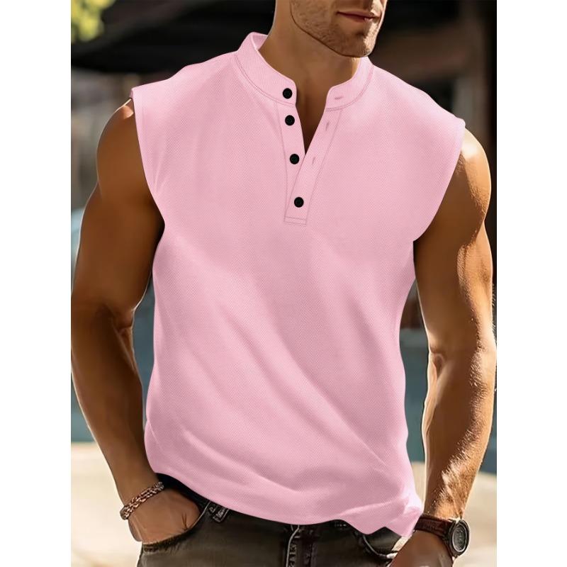 Men s Casual Henley Tank Top Button Down Sleeveless Tee S розовый