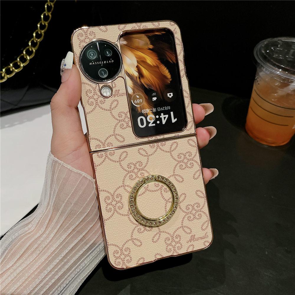 

Electroplating Leather Ring Stand Phone Case For OPPO Find N3 Flip/N2 Flip Shockproof Flower Cover For Find N3 Flip
