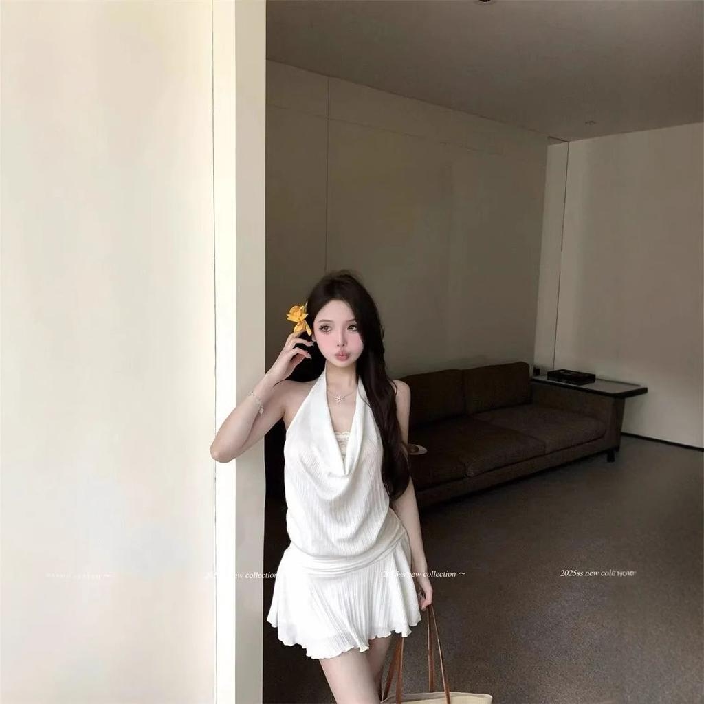 [] Beautiful back swing collar neck dress women's high-end sense slim-fitting white waist a-word short skirt