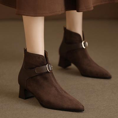 2024 Autumn/Winter New Combination Mid Heel Thick Heel High Heel Pointed Boots Women's Brown Short Boots Women's