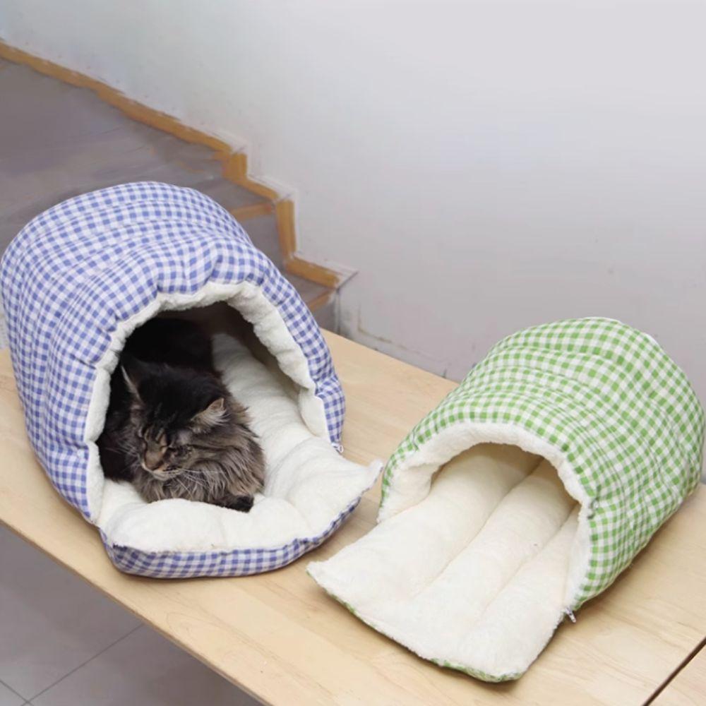 Warm Semi-sealed Pet Bed Checkered Pattern Cat Cotton Nest Winter Cat Bed for Rabbit Cats