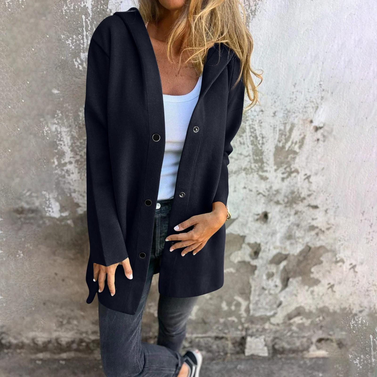 

Женская повседневная модная однотонная однобортная куртка с длинными рукавами и карманами с капюшоном S чёрный