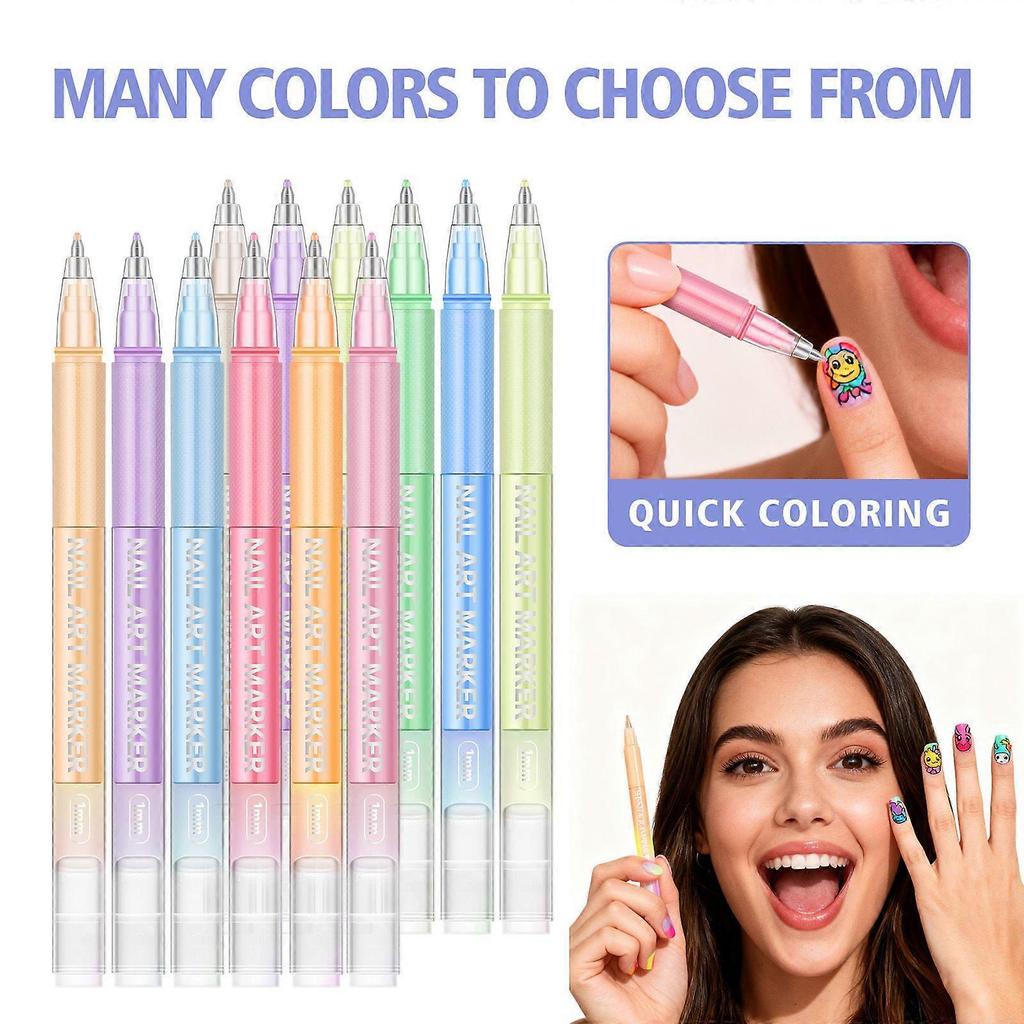 12 Colors Nail Art Pens Set, 2026 New Nail Art Markers Polish Pen for Drawing, Dotting, and Painting, DIY Nail Art Liner Brush Kit Manicure Tools