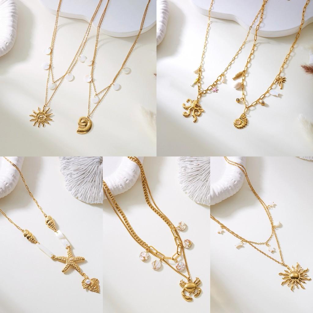 Bohemian Beach Inspired Stainless Steel Pendant Necklace With Shell And Sun Design For Women