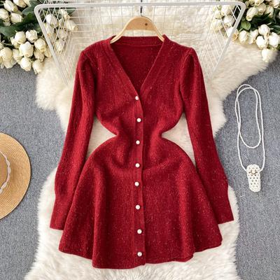 Autumn and Winter Women's Thousand Gold Style Senior Sense of Knitted V-neck Design Niche Temperament Light Luxury Dresses