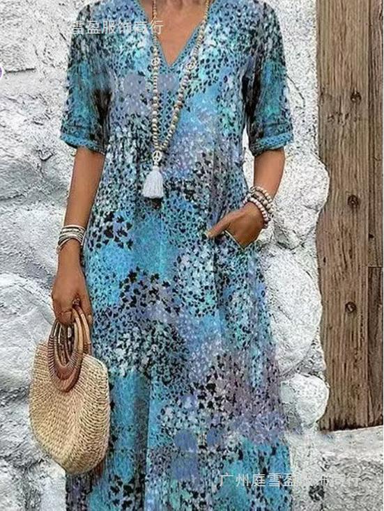 Nuevo Vestido Estampado con Escote en V y Ribete de Encaje Estilo Europeo y Americano