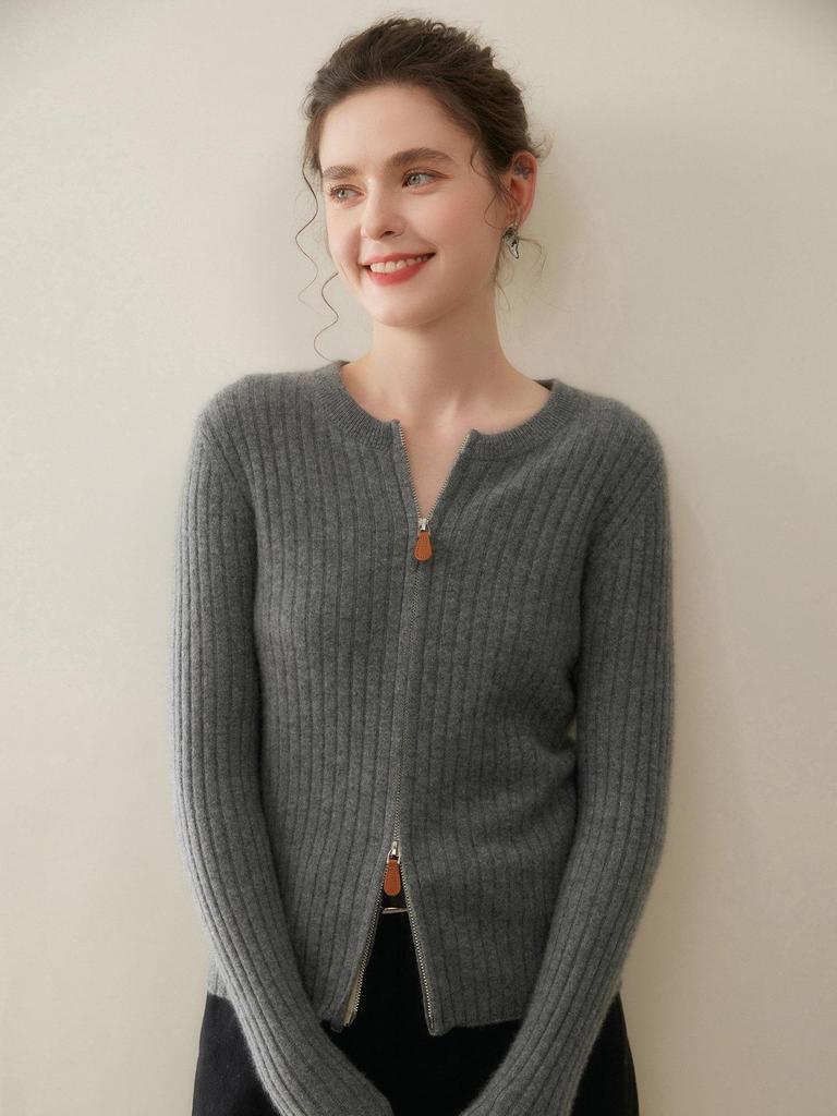 Fashionable Ribbed Cashmere Zipper Cardigan Sweater - Slimming Knit, Round Neck Wool Coat