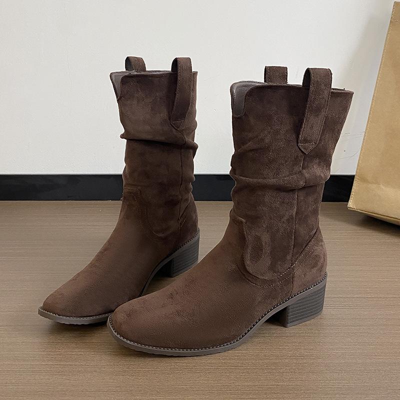 

2025 взрыв новые завышенные замшевые западные ботинки с ворсом женские осенне-зимние в стиле ретро маленький толстый каблук средняя голень ботинки Мартин 40 коричневый