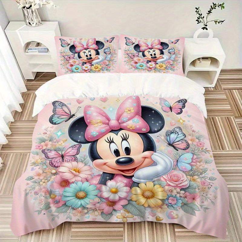 3pcs Cute Minnie Flower Bedding Set, Including 1 Quilt Cover and 2 Pillow Shams, Without Filling, Soft and Comfortable Home Bedroom B011