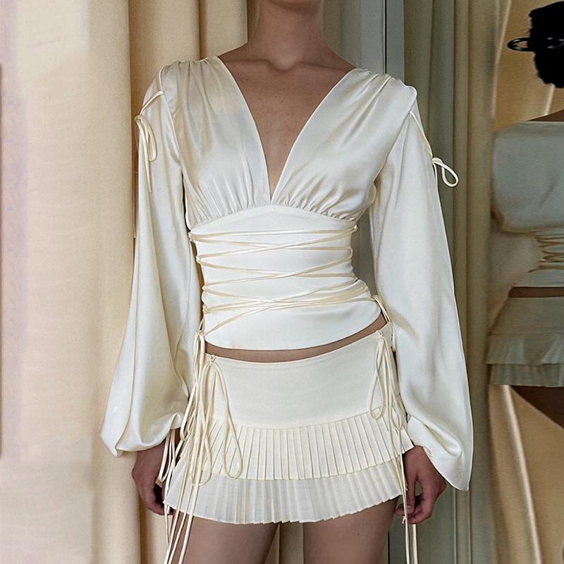 

Осенняя американская рубашка с длинным рукавом, высокоэластичная атласная рубашка на талии с кулиской, женский универсальный топ S белый