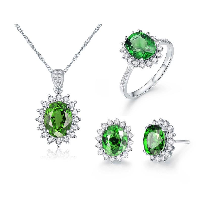 Elegant CZ Gemstone Pendant Necklace Set With Earrings Ring Women Blue Red Yellow Green Purple White Zircon Jewelry