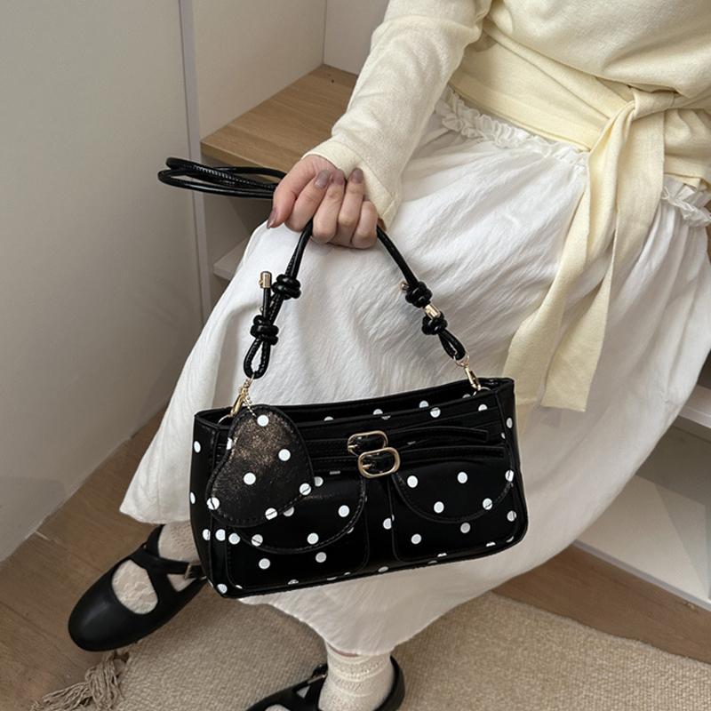 Sac à main rétro grande capacité à pois Boucle métallique Sacs bandoulière en cuir Sacs d'aisselle mode Avec pendentif