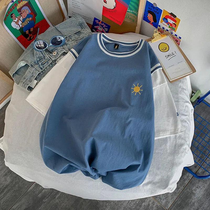 Tops Frauen Baumwolle Sommer Rundhals T-shirt kurzarm Lose Gedruckt Gefälschte Zwei Lose Bequeme Tops