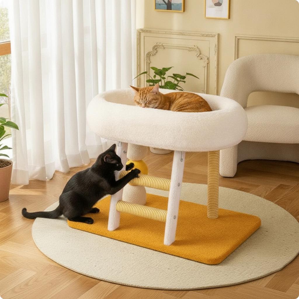 Cat Tree with Bed Comfortable Cat Scratching Post with Bed Furniture Velvety Soft for Indoor Cats, Living Room, Apartment