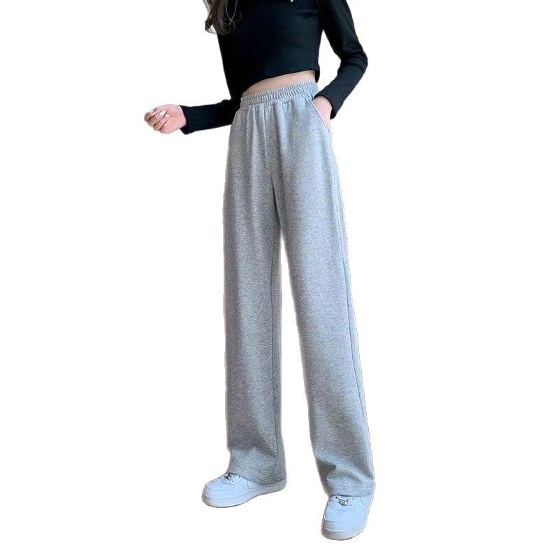 Women's Casual Grey High-Waist Korean Style Sweatpants - Straight Wide-Leg for Spring & Autumn