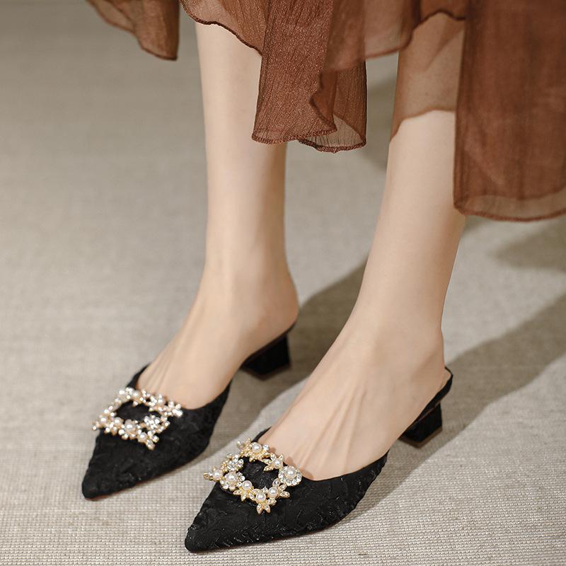 Hausschuhe Damenmode Oberbekleidung Tasche Kopf Damenschuhe neu Strassschnalle mittlerer Absatz spitz coole Hausschuhe dicker Absatz