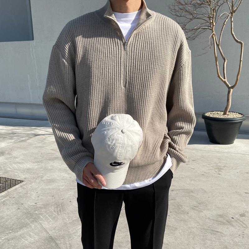 

Мужской повседневный свитер в корейском стиле на осень, с воротником-стойкой на молнии до середины груди - модный универсальный трикотажный топ для уличной одежды XXL серый