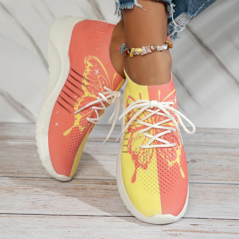 Damen Sneaker Schmetterlingsdruck Sportschuhe Mode Strickstoff Mesh Trainer Weiche Dicke Sohle Walking Jogging Laufschuhe