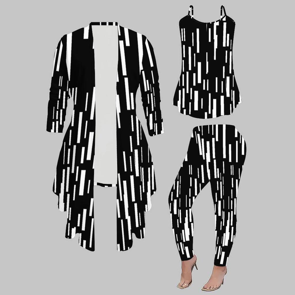 Plus Size Geometric Pattern Print 3 Piece Outfit, Long Sleeve Open Front Cardigan Cami Top Leggings Set for Women