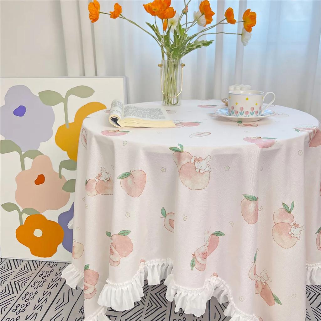 White Pleated Border Printed Tablecloth Flower Pattern Brushed Fabric Table Cover Rural Style Rectangular Dining Table Cloth